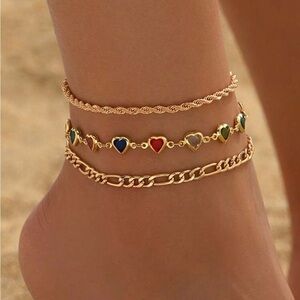 3 pcs/set‎ Gold Multi-Heart & Chain Anklet Set - Colorful Enamel Hearts